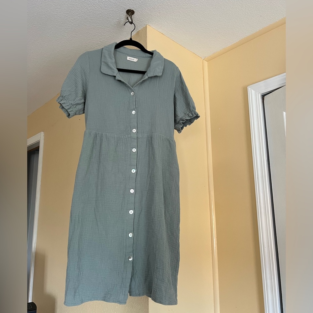 Roolee Sage Green 100% Cotton Button-Up Dress w/ Pockets